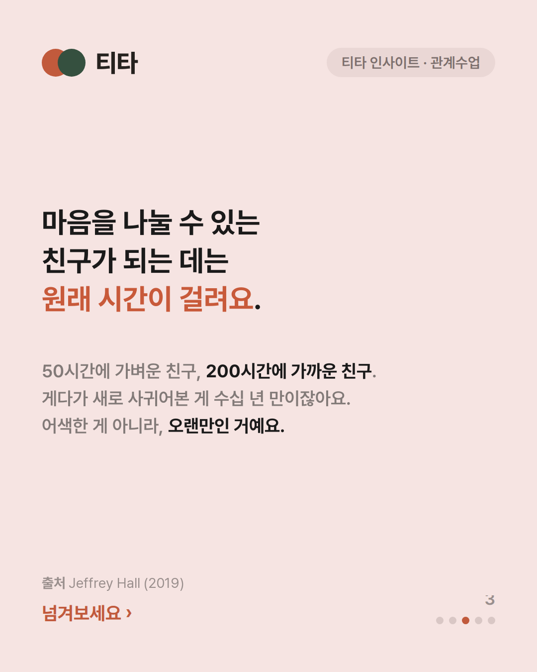 마음을 나눌 수 있는 친구가 되는 데는 원래 시간이 걸린다 — 50시간에 가벼운 친구, 200시간에 가까운 친구가 되고 어색한 게 아니라 오랜만인 것이라는 티타 인사이트 카드