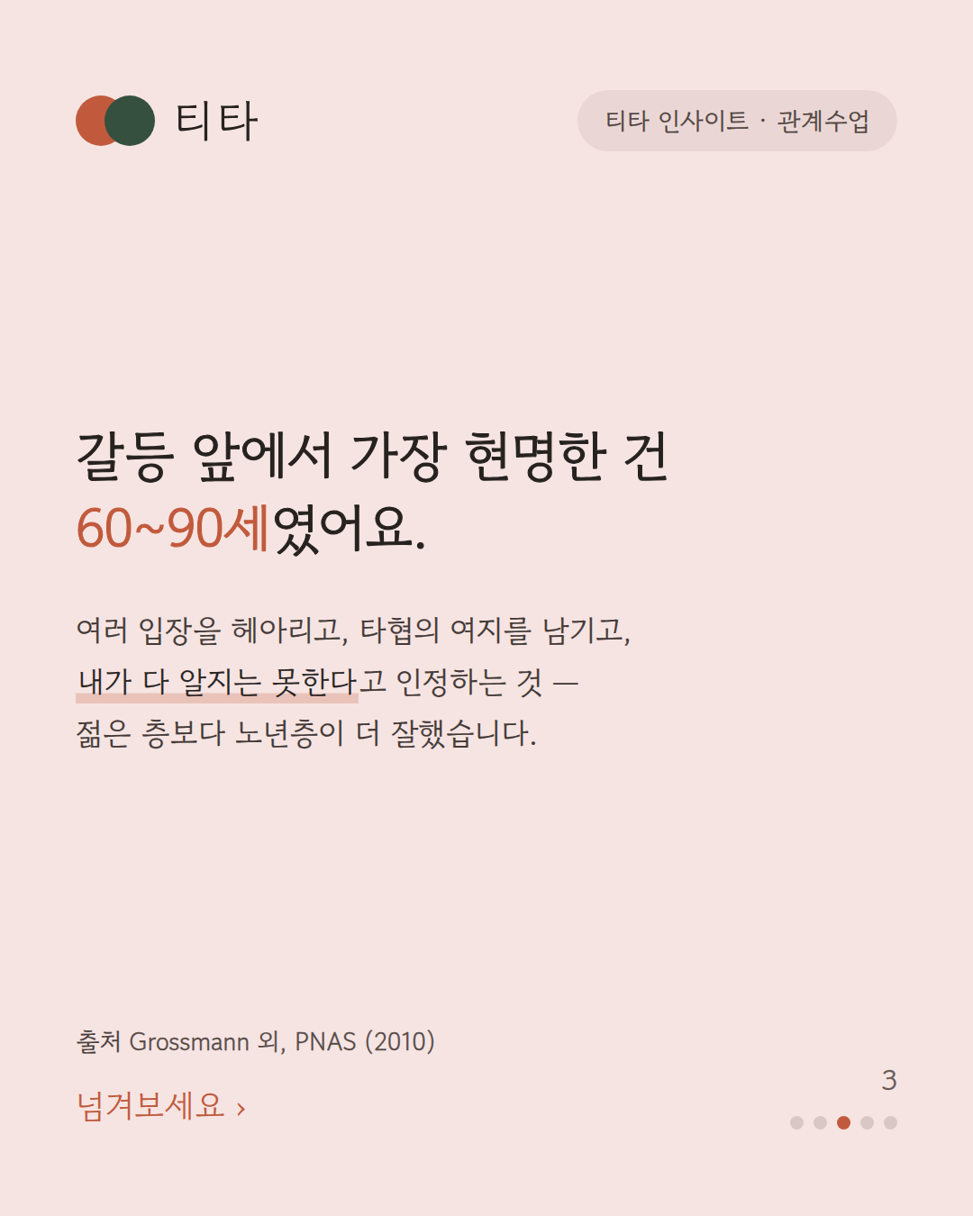 갈등 앞에서 가장 현명한 건 60~90세였다 — 여러 입장을 헤아리고 타협의 여지를 남기고 내가 다 알지 못한다고 인정하는 추론에서 노년층이 앞섰다는 티타 인사이트 카드