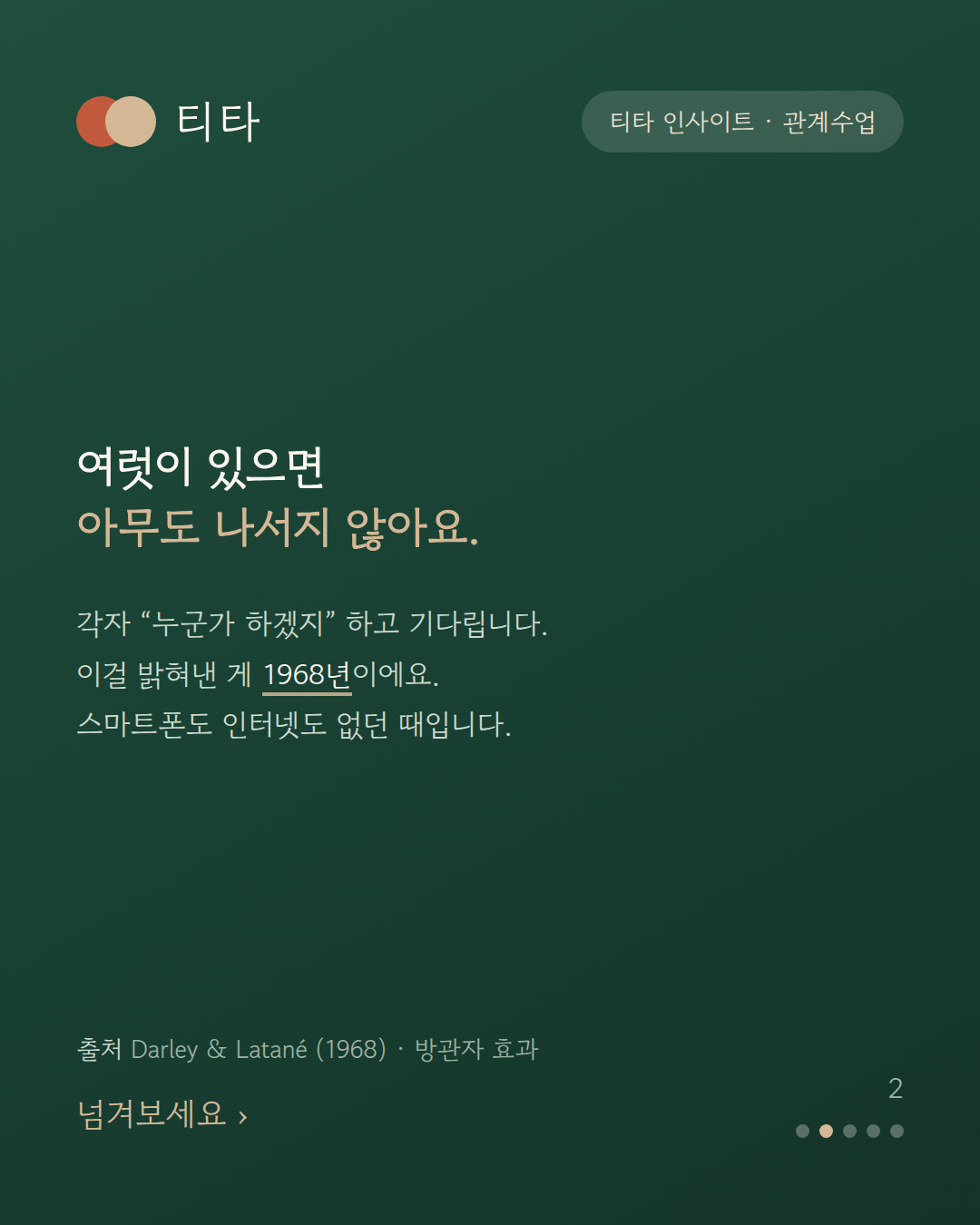지켜보는 사람이 많을수록 아무도 나서지 않는다는 방관자 효과 티타 인사이트 카드